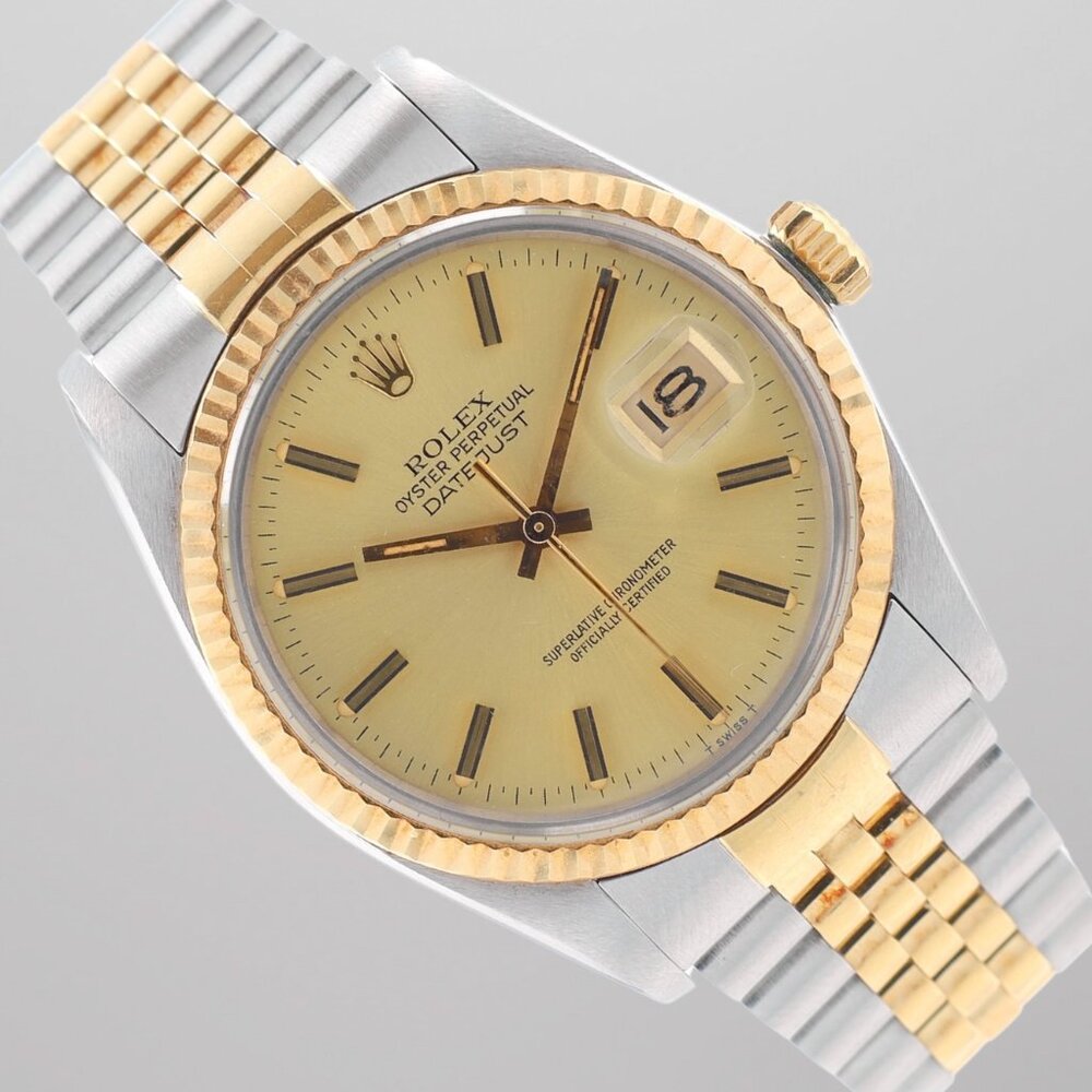 Rolex Mens Datejust 36mm Two Tone Champagne Dial Fluted Bezel Jubilee Band 16013